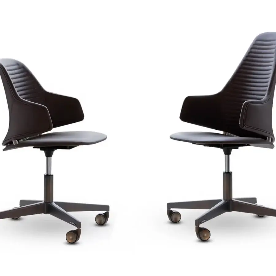 Distinguished Reflex Vela office chair with dark brown leather upholstery and polished aluminum central base crafted with wheels