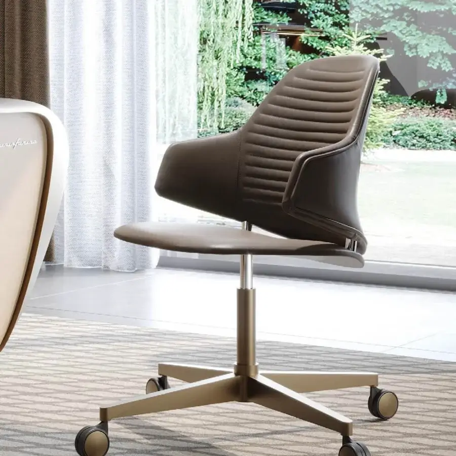 Superior Reflex Vela office chair with muted brown leather-like upholstery and polished bronze metal base