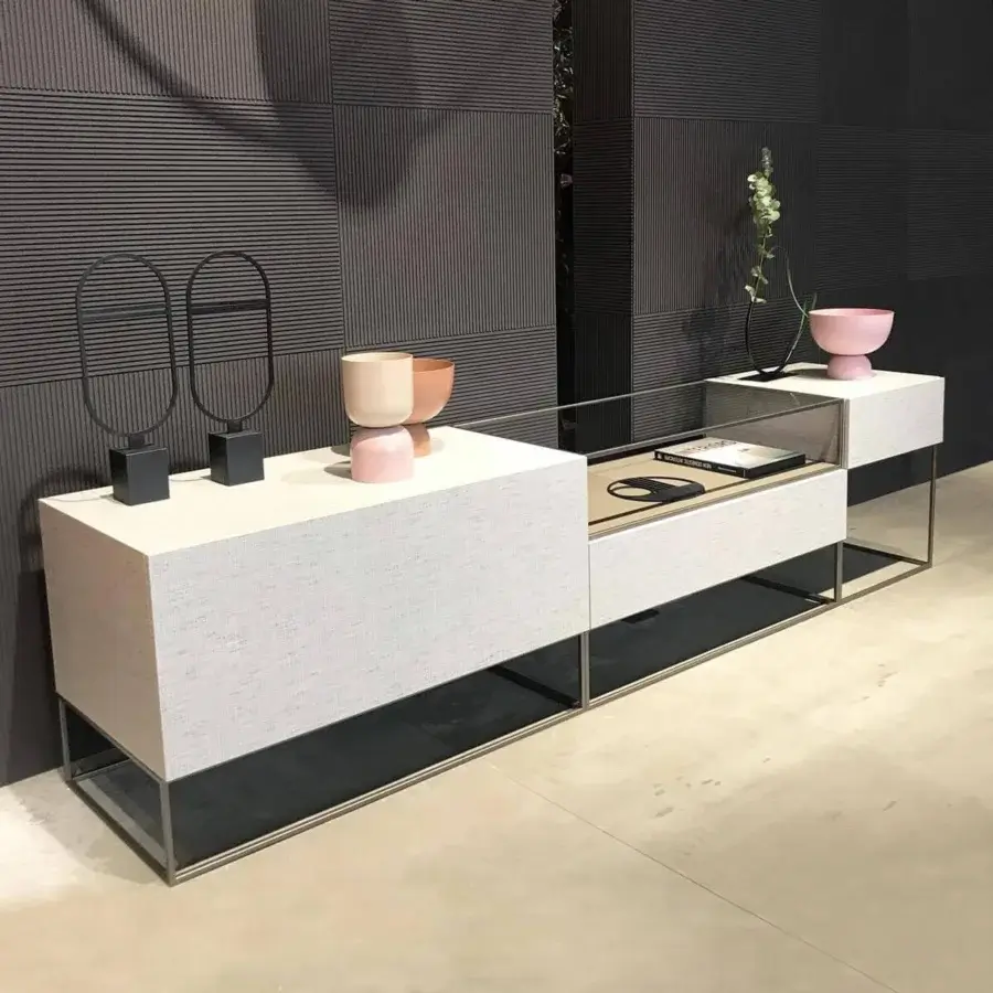 Distinguished Ditre Italia Unit sideboard with geometric silhouette, off-white textile and sleek metal base, plus glass display area