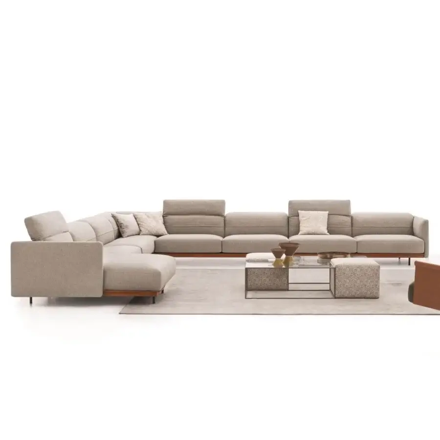 Distinguished Ditre Italia Arlott sectional with smooth light beige textile upholstery and a slim wood base