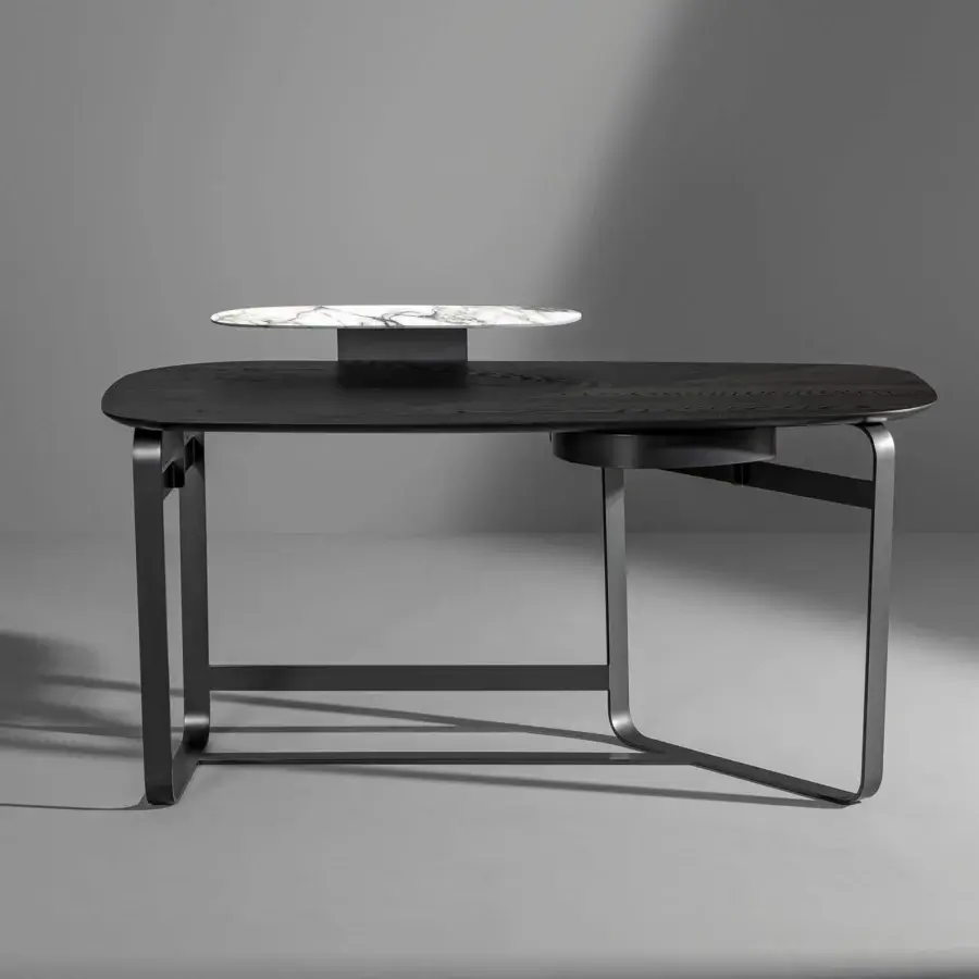 Exceptional Bonaldo Gauss desk with a curved wooden top and dark metal frame supporting a raised ceramic shelf