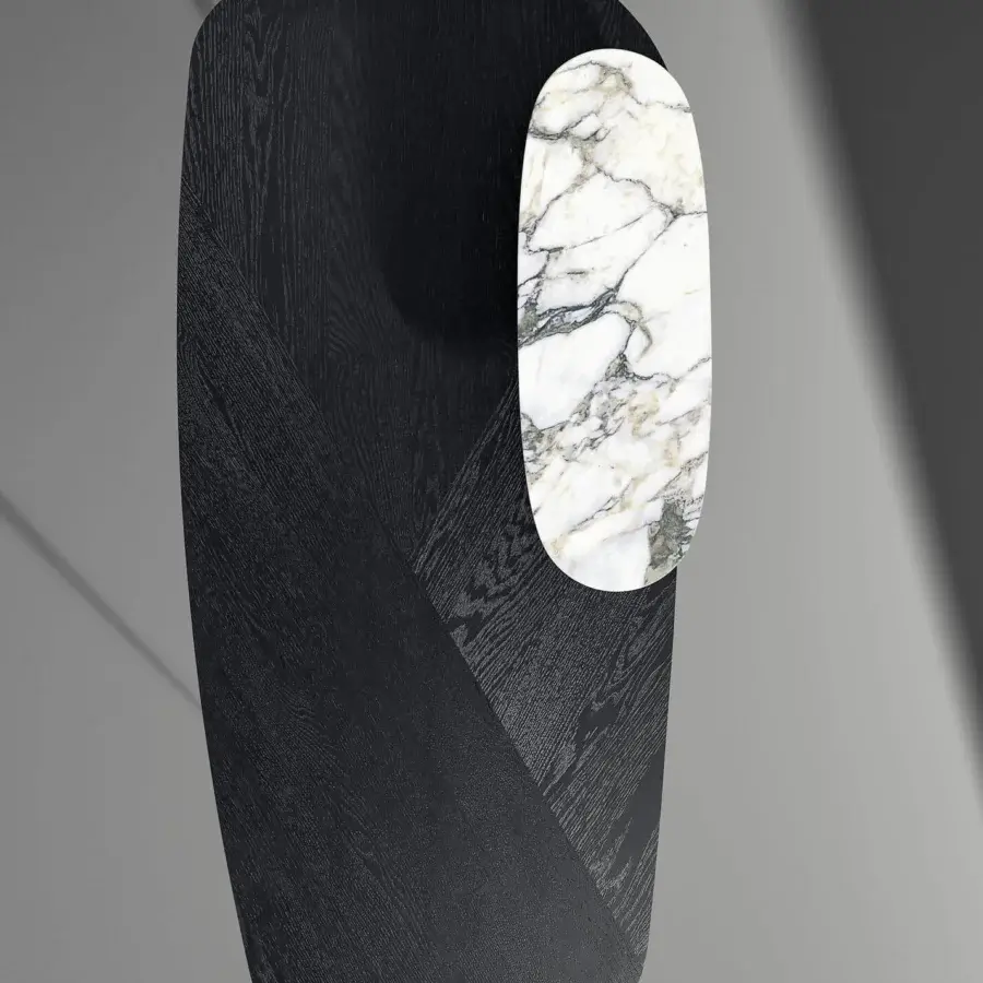 Elegant Bonaldo Gauss desk with a curved wood top and rounded metal base, including a white marble inset with grey veining and matte finish
