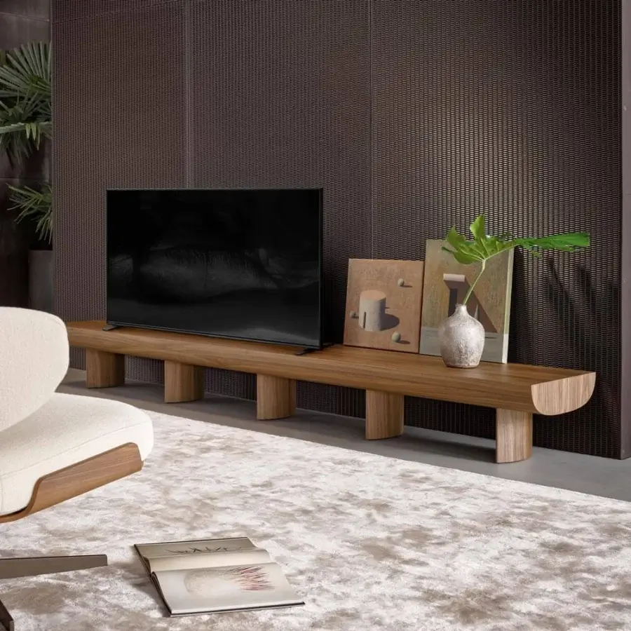 Superior Bonaldo Sculptural TV stand with Canaletto oak veneer wood and cylindrical legs in a smooth matte finish