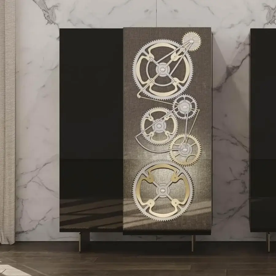 Captivating Reflex Big Ben cupboard with etched lacquered glass, gold gears on mesh glass, and refined bronze metal legs in satin and matte finishes