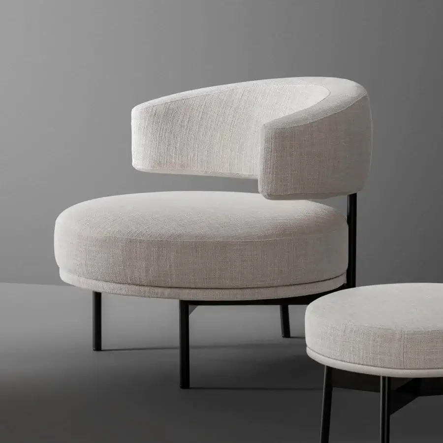 Exceptional Bonaldo Neuilly lounge chair with enveloping form in light beige woven fabric and slender dark metal frame