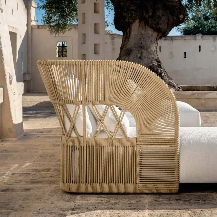 Innovative Talenti Cliff Déco sectional crafted with aluminum, nautical rope, and crisp white outdoor fabric with woven finish