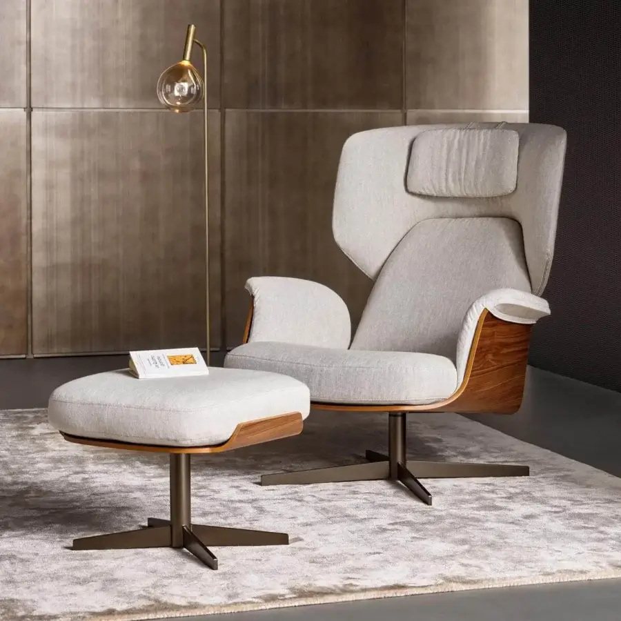 Exceptional Bonaldo Olos lounge chair with curved Canaletto Walnut wood and light gray textile upholstery with matte finish