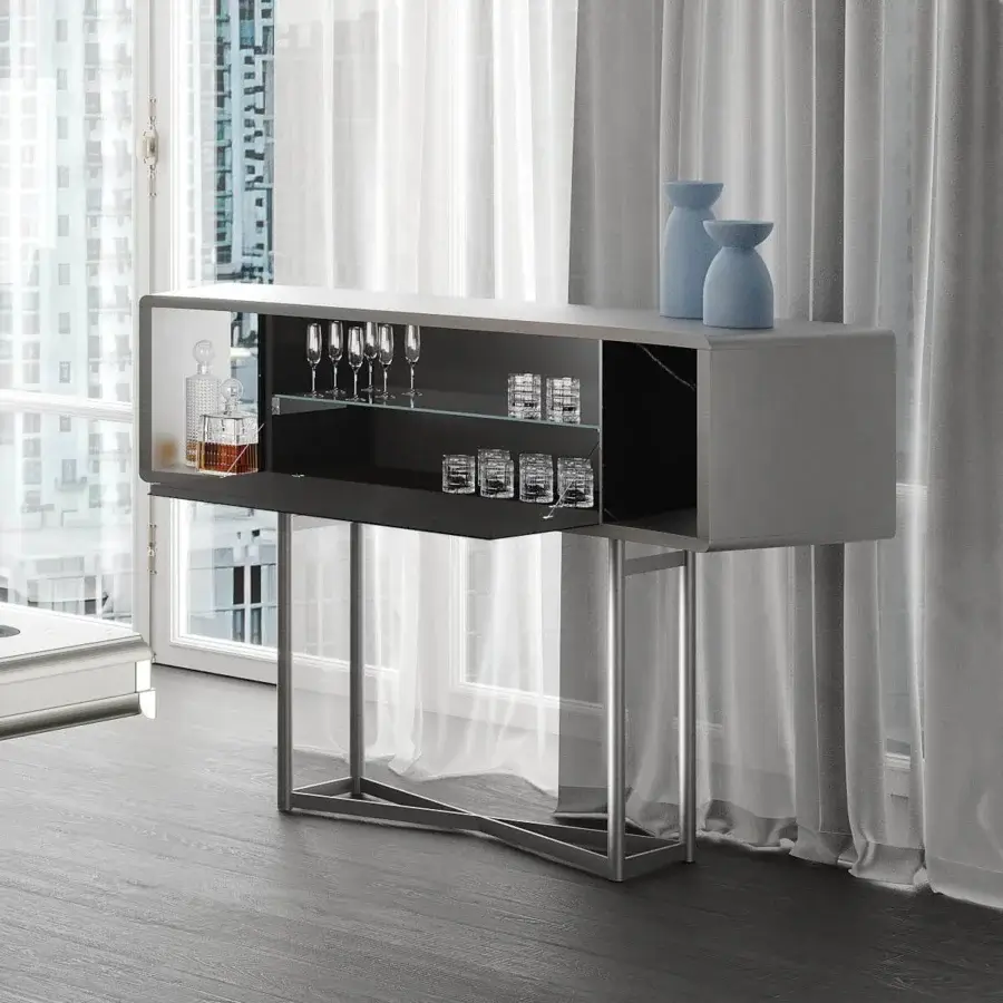 Superior Reflex Space bar cabinet with shaped wooden structure, Marble glass, and metallic finish in smooth matte grey