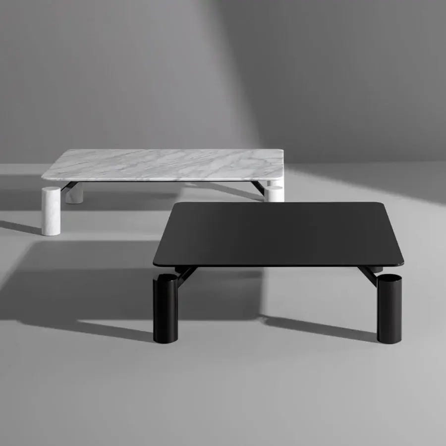 Refined Bonaldo Magic coffee table with square black top and cylindrical legs in marble with matte finish
