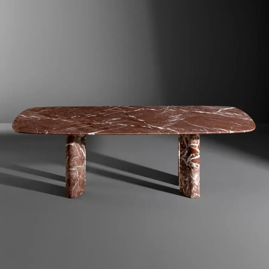 Innovative Bonaldo Geometric table crafted in Italy with reddish-brown marble and striking white veining throughout its cylindrical legs