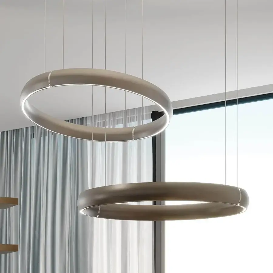 Superior Reflex Cerchio suspension lamp with a broad ring-shaped shade in muted light bronze or grey wood finish