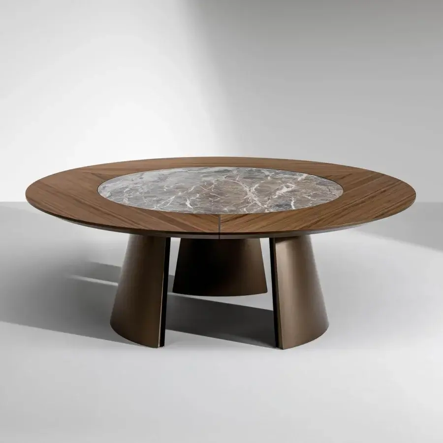 Exceptional Bonaldo Torii St table with Canaletto Walnut wood and built-in swivel ceramic center in cool gray tones
