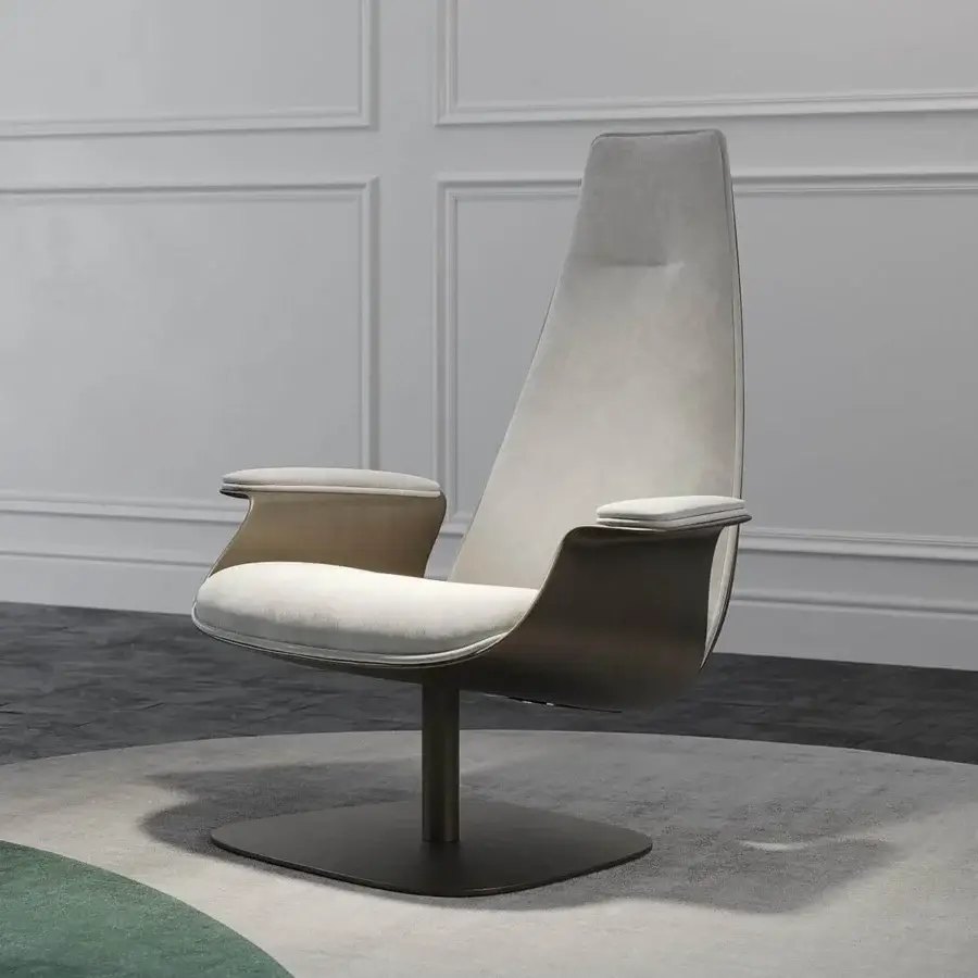 Refined Reflex Minerva lounge chair with light grey textile upholstery and matte dark metallic base