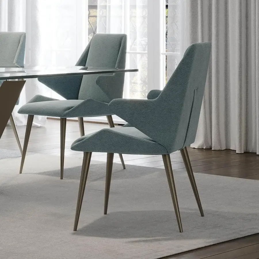 Distinctive Reflex Origami chair with faceted wood structure, muted teal fabric upholstery and bronze finished metal legs