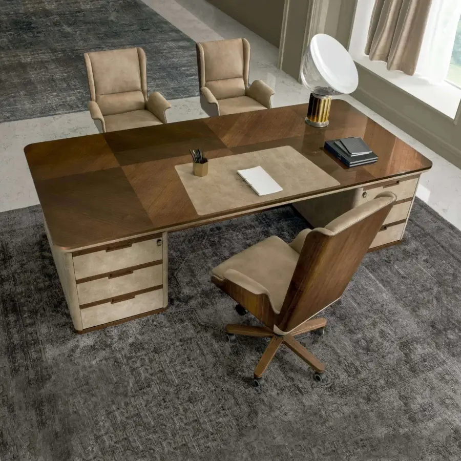 Distinguished 4 Mariani Avatar desk crafted in black walnut wood with beige leather accents and glossy finish