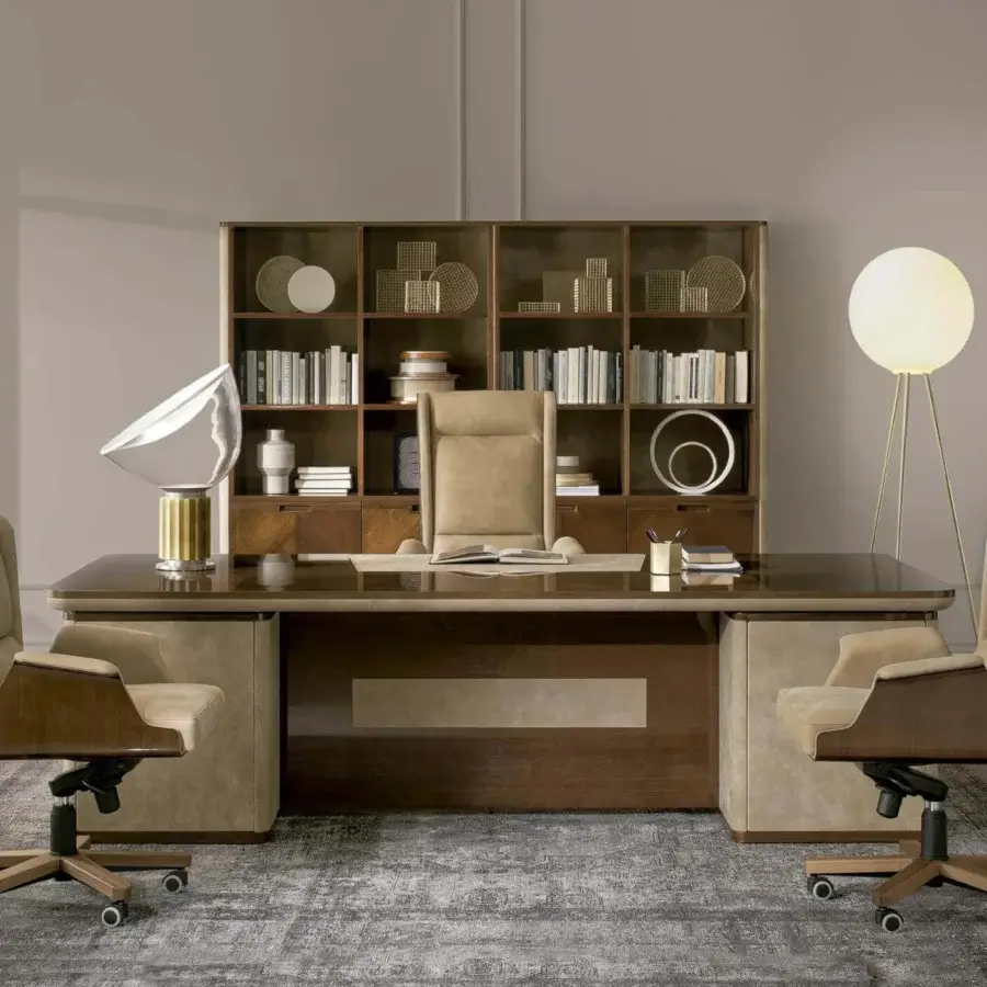 Exceptional 4 Mariani Avatar desk crafted in black walnut wood with glossy surfaces and light beige leather inlay