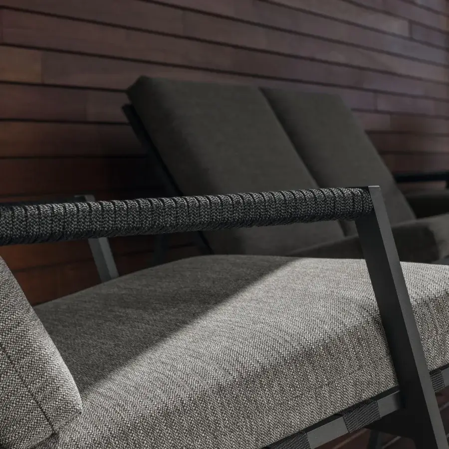 Superior Talenti Cottage sofa with aluminum frame and woven gray synthetic belts exhibiting rope detailing