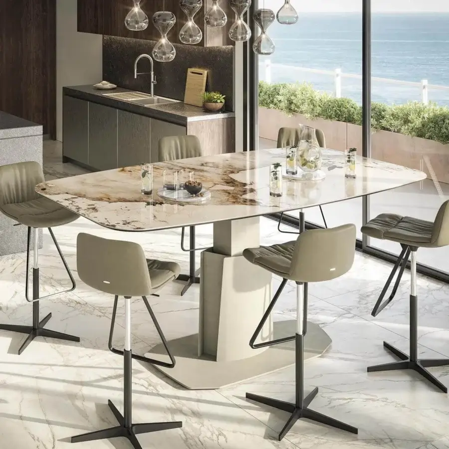 Exceptional Cattelan Italia Aviator Keramik lift table with marbled cream and brown Keramik top and matte steel base