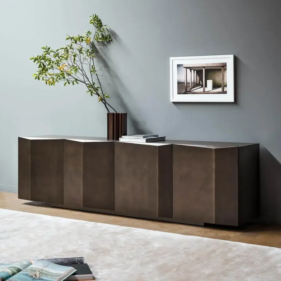 Exclusive Bonaldo Bernois sideboard with geometric volumes crafted in bronze matt lacquered wood and brushed bronze pantographed wood