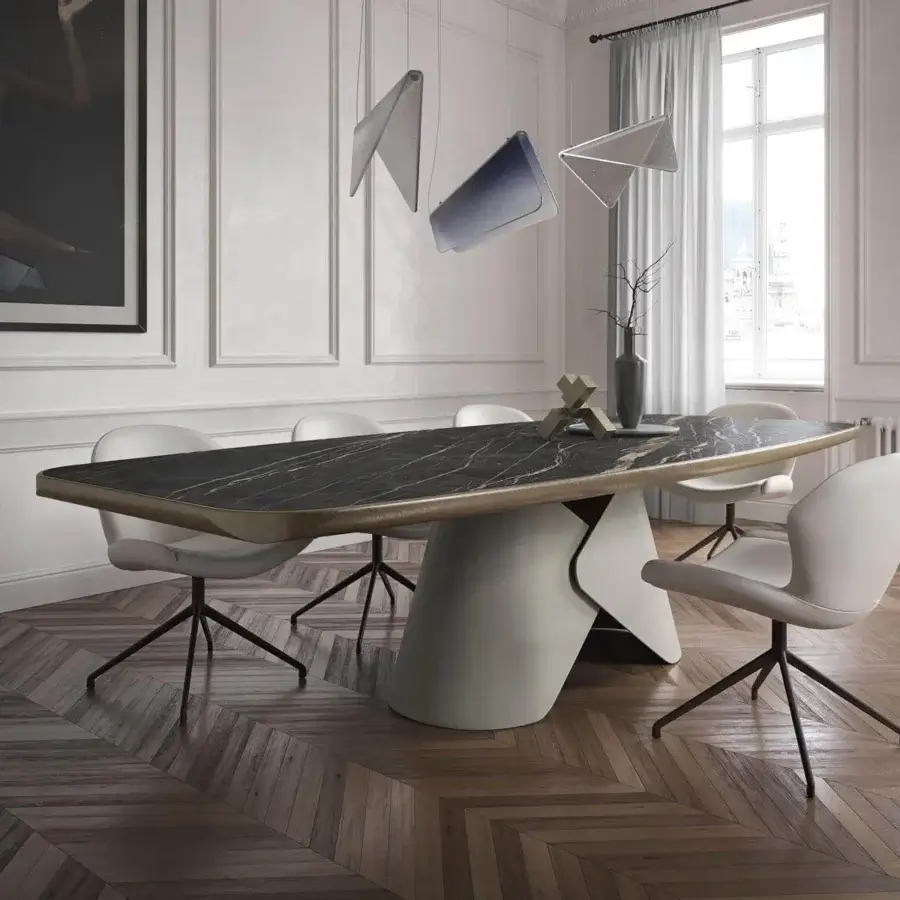 Distinguished Cattelan Italia Scott Keramik table with dark marble-effect ceramic and light brushed edges built upon a cream curved metal pedestal base