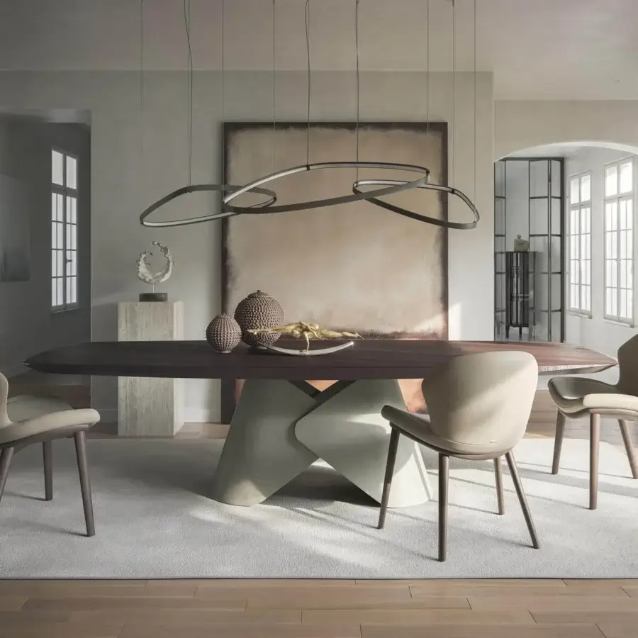 Exceptional Cattelan Italia Scott Wood table with boat-shaped planks in dark stained finish and intersecting metal plates