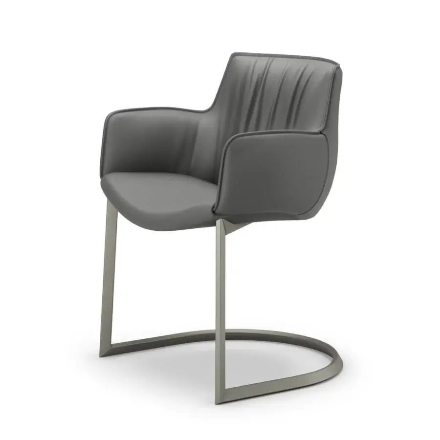Stylish Cattelan Italia Rhonda armchair with smooth gray textile upholstery and a curved metal cantilever base