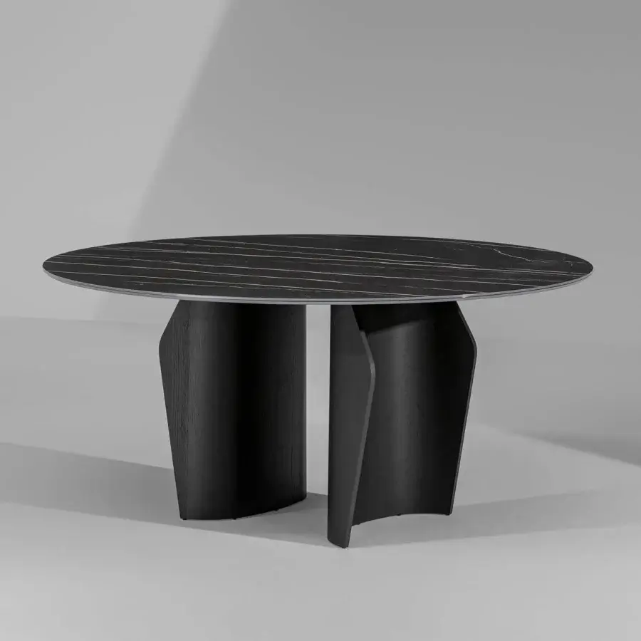Harmonious Bonaldo Flame table with dark ceramic top displaying light veining and a sculptural dark matte wood base crafted in Italy