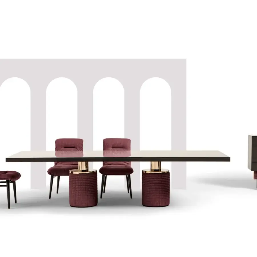 Superior Costantini Pietro Emily chair with curved wooden frame, deep maroon textile upholstery, and dark matte finish
