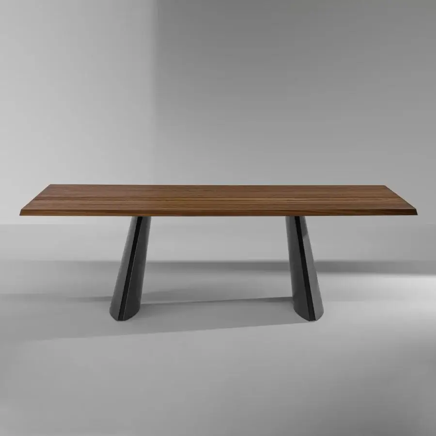 Elegant Bonaldo Torii table with medium-toned brown wood tabletop and glossy dark metal legs