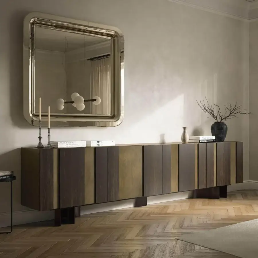 Distinguished Cattelan Italia Amsterdam sideboard crafted in Oxybrass with burnt oak inserts and curved steel feet