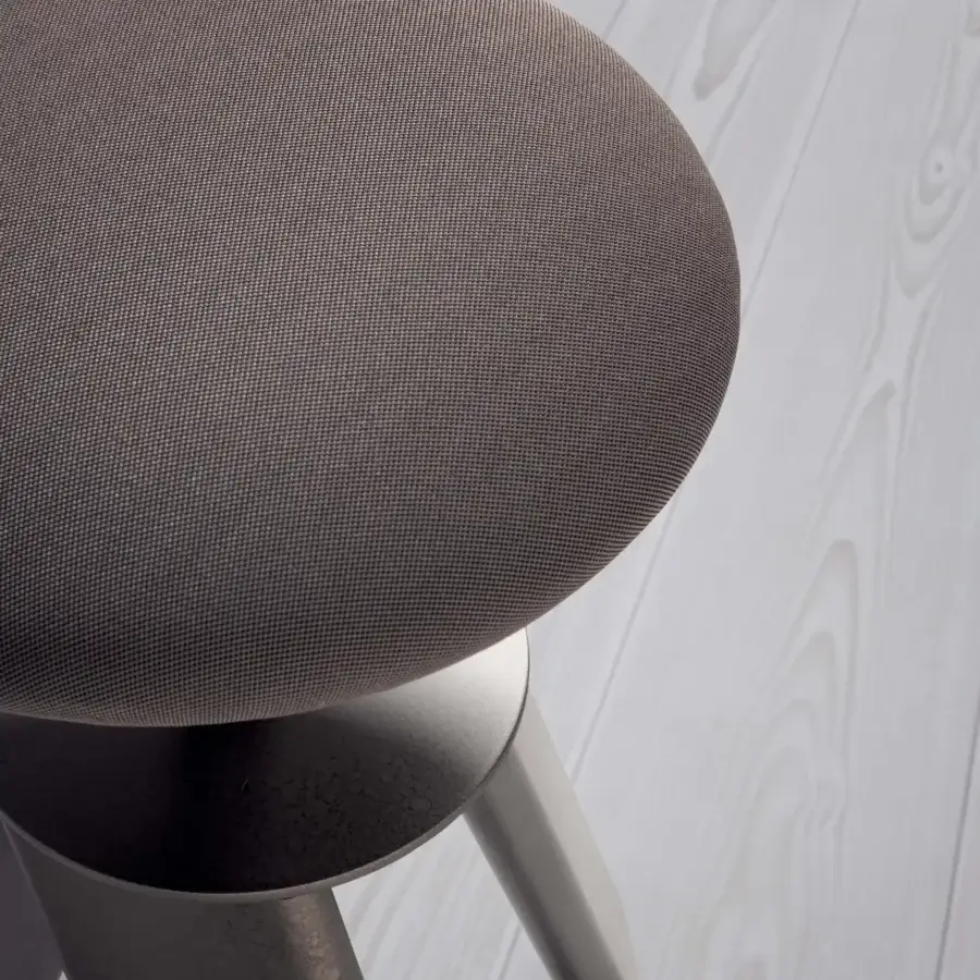 Distinguished Presotto Squid stool with muted brown textile seat and metal standard finish base crafted in dark wood