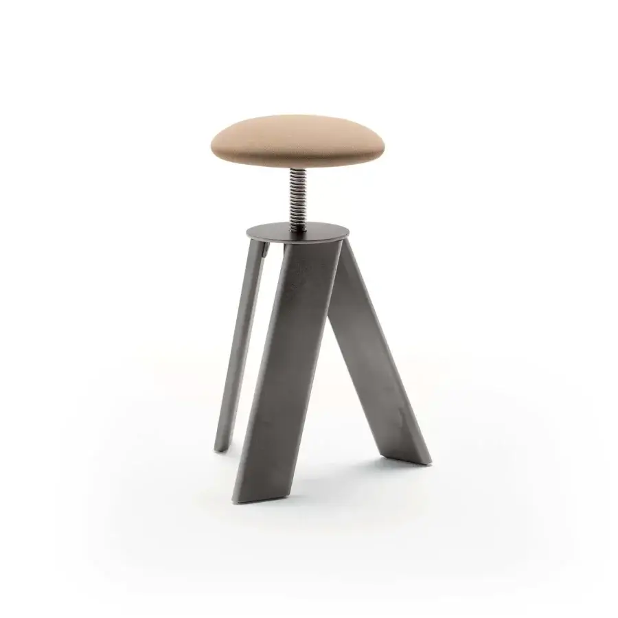 Elegant Presotto Squid stool with light brown textile upholstery and black epoxy metal legs