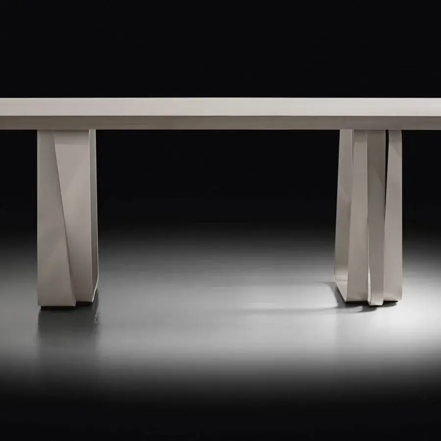 Innovative Costantini Pietro Bend table with angled light grey metal parallelograms and a grained light grey wooden tabletop