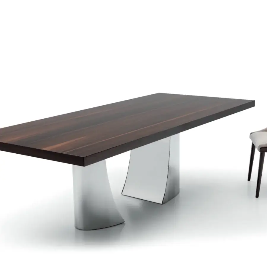 Exceptional Costantini Pietro Shell table with dark brown wood grain tabletop and glossy silver pedestal base