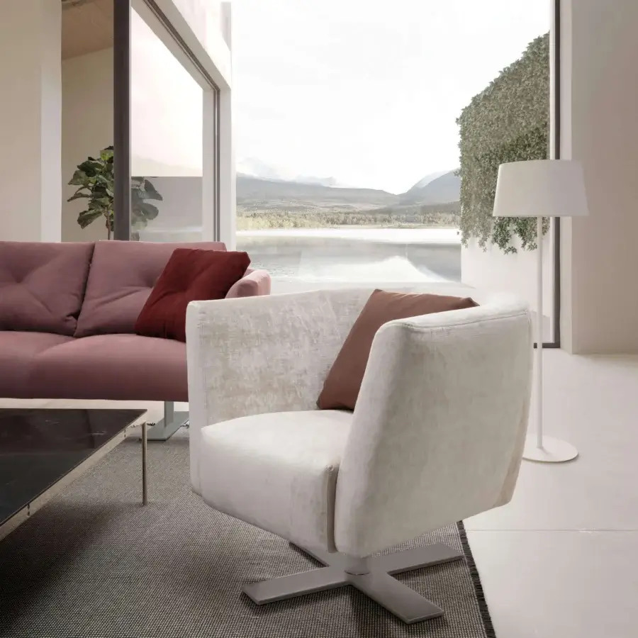 Superior Presotto Saint Barth lounge chair with light neutral textile upholstery and refined Peltro metal base