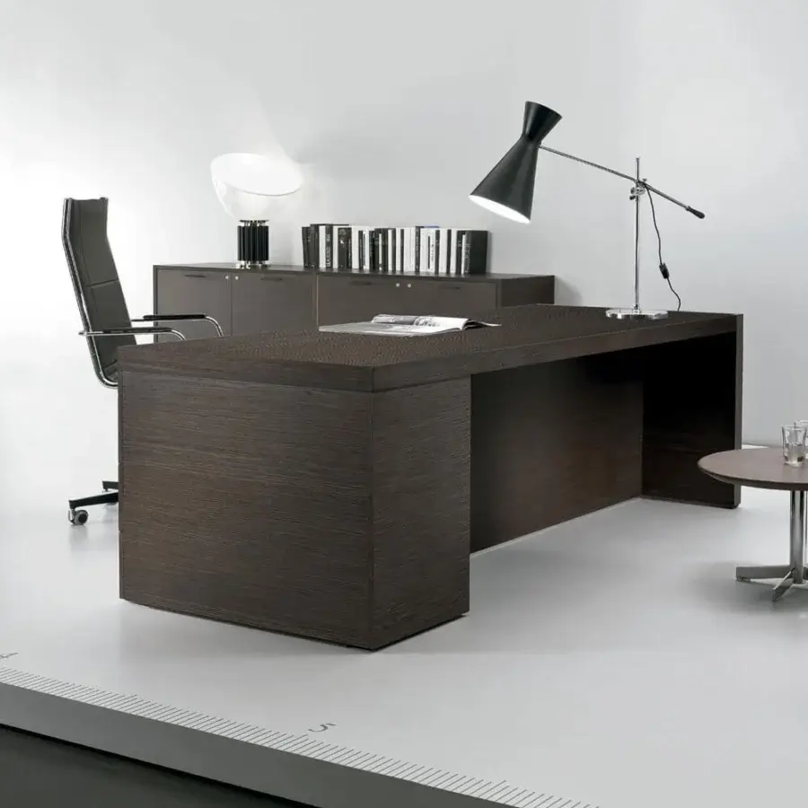 Distinguished 4 Mariani Blade desk with dark brown wood, saddle leather accents and a matte finish