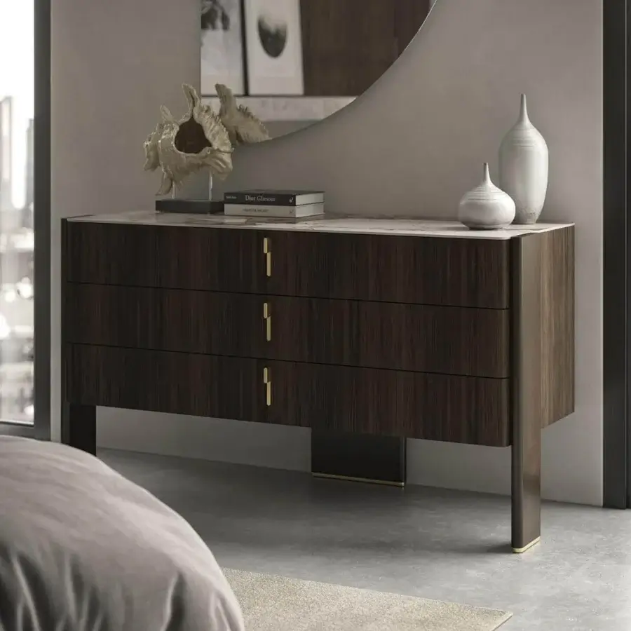 Distinguished Cattelan Italia Julian dresser with dark brown wood, marble-effect ceramic top and brass-colored steel accents