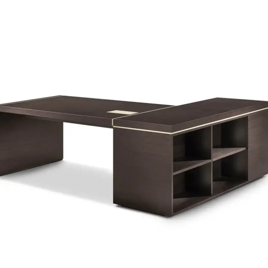 Superior 4 Mariani Blade desk with dark brown stained wood and light saddle leather detailing