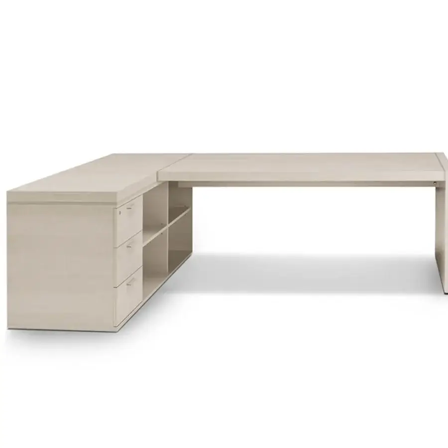 Elegant 4 Mariani Blade desk in wood with saddle leather detailing and neutral matte finish