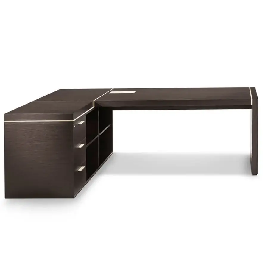 Exceptional 4 Mariani Blade desk in dark brown wood with saddle leather accents and a dynamic return cabinet