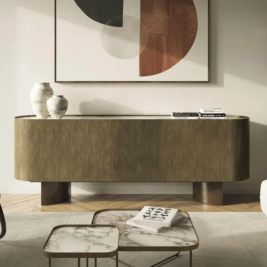 Exceptional Cattelan Italia Savoy sideboard with graphite lacquered wood, bronze embossed steel and textured medium brown finish