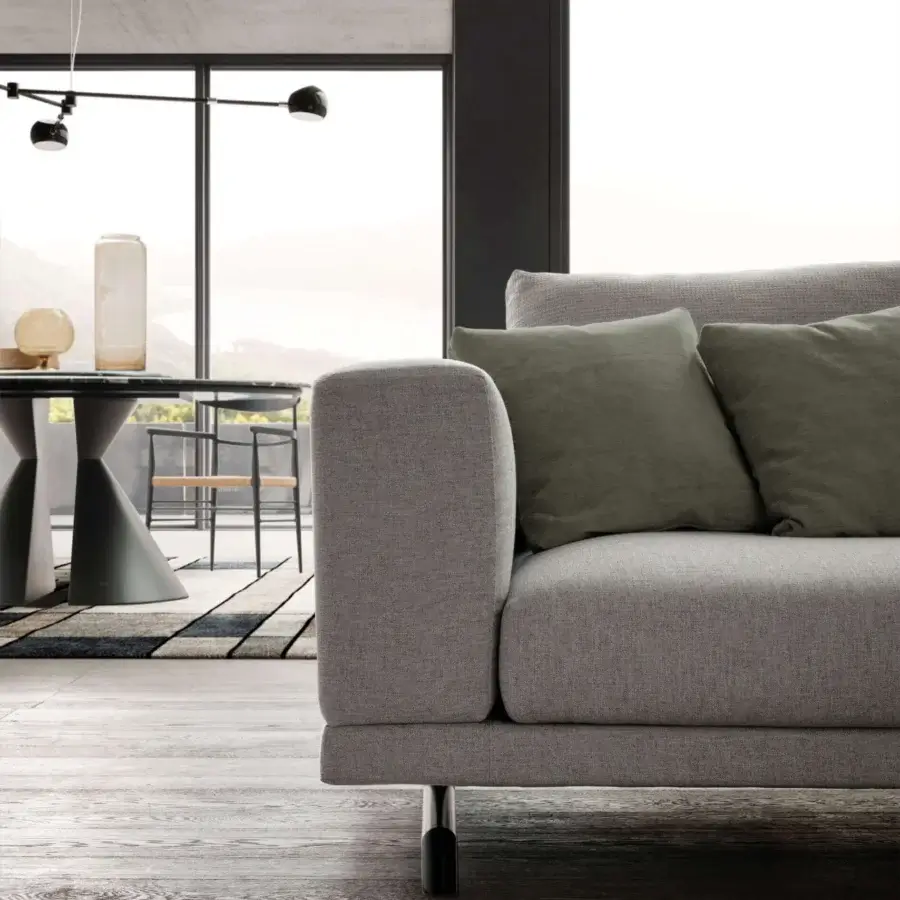 Superior Presotto San Marino sofa with medium grey heathered textile and peltro varnished metal feet