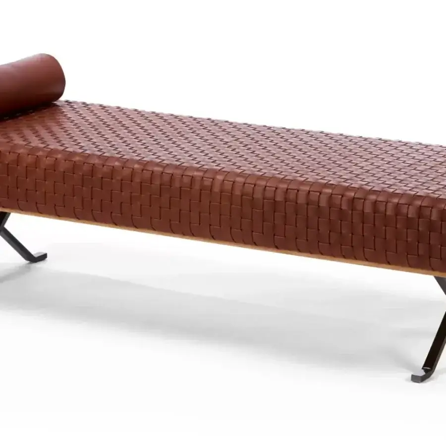 Sophisticated Presotto Sigmund chaise lounge crafted in oak wood with hand-woven brown vegetable-tanned leather and matt black painted metal legs
