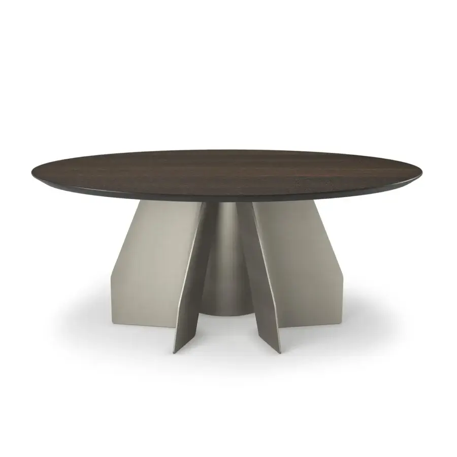 Exclusive Cattelan Italia Senator round table with dark brown wood grain and light gray matte steel bases