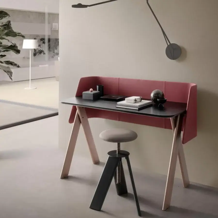 Exceptional Presotto Squid desk with matte lacquered tabletop and black epoxy base, plus stool with grey cushioned seat and dark grey metal