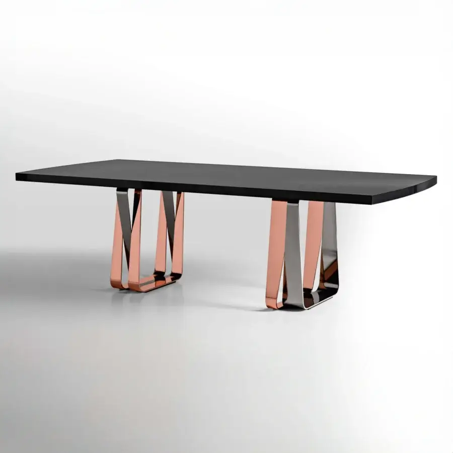 Distinguished Costantini Pietro Bend table with angled metal parallelograms and dark wooden tabletop in a mirrored chrome and copper finish