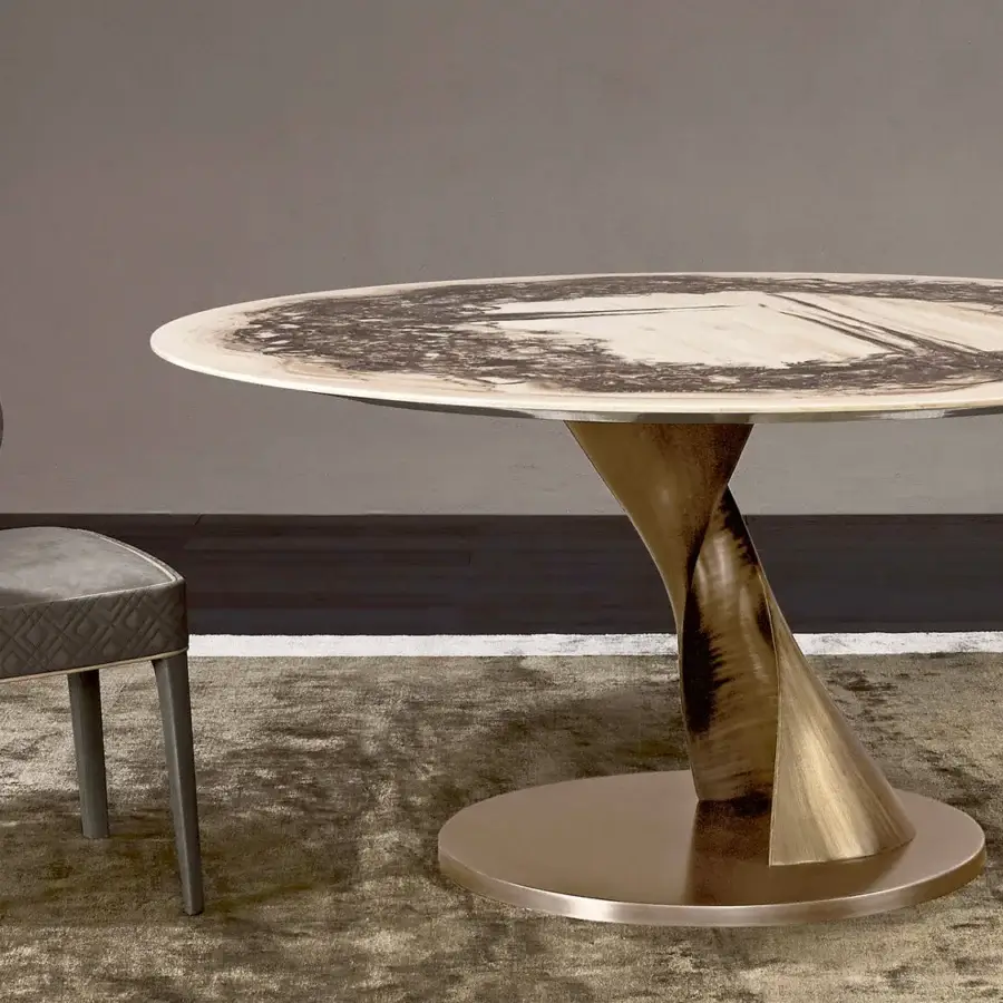 Exceptional Rugiano Zoe table with light marbled Emperador dark tabletop and sculpted bronze pedestal built in leather