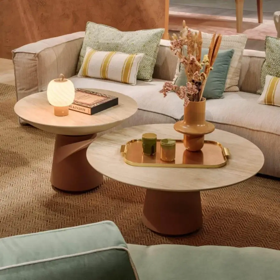 Distinguished Vismara Eclisse side & coffee table with ceramic stone effect top in light beige and concrete effect lacquered conical leg