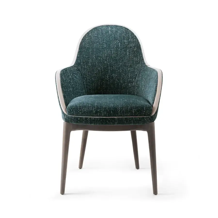 Superior Giorgetti Lunaria armchair upholstered in textured dark teal textile with off-white trim and ash wood legs