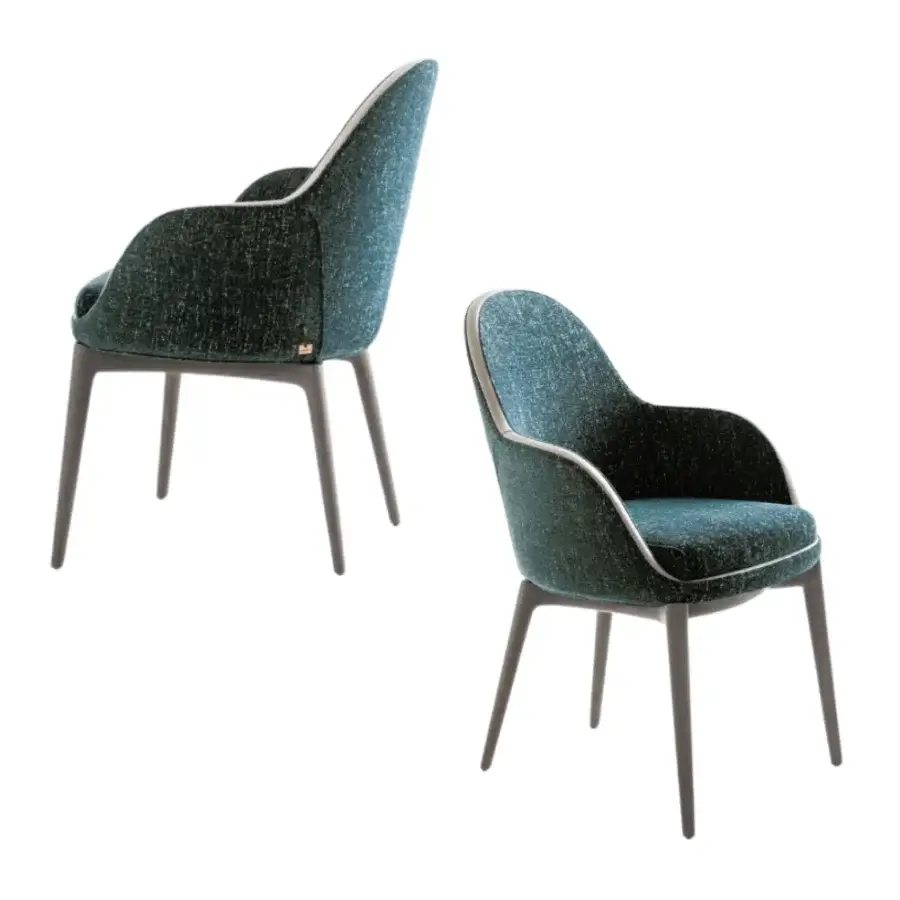 Exceptional Giorgetti Lunaria armchair upholstered in textured teal collectible fabric with gray textile and dark gray ash wood legs